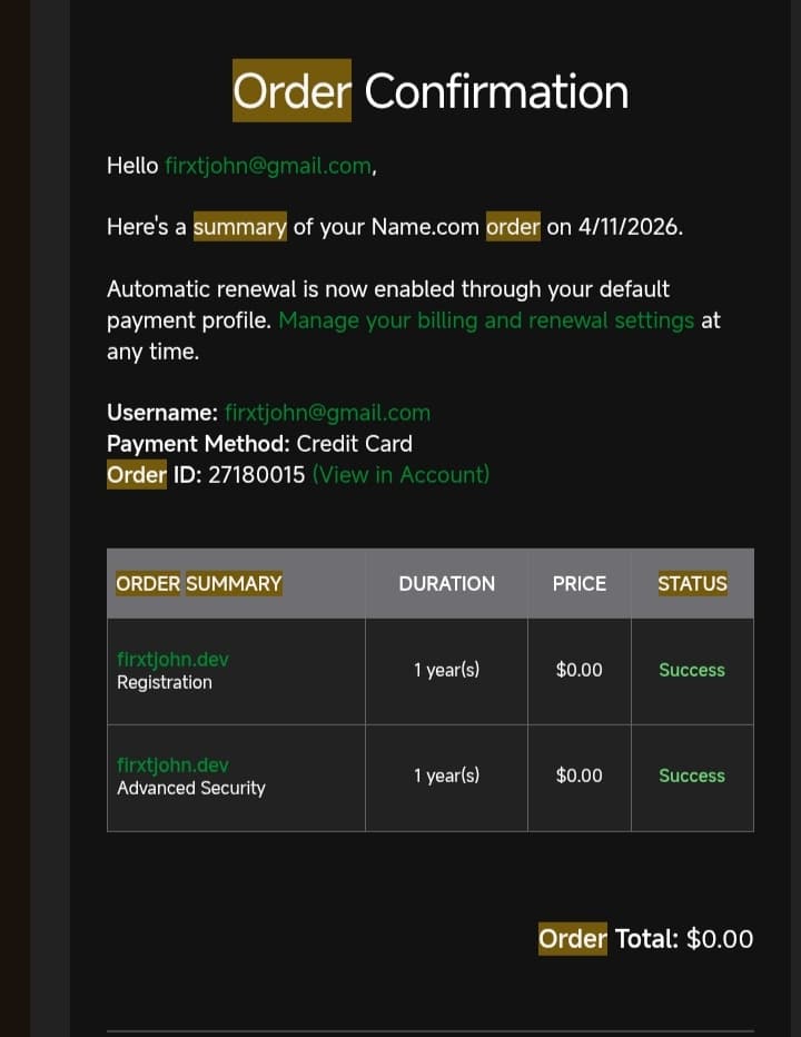 Name.com domain checkout showing zero dollar price